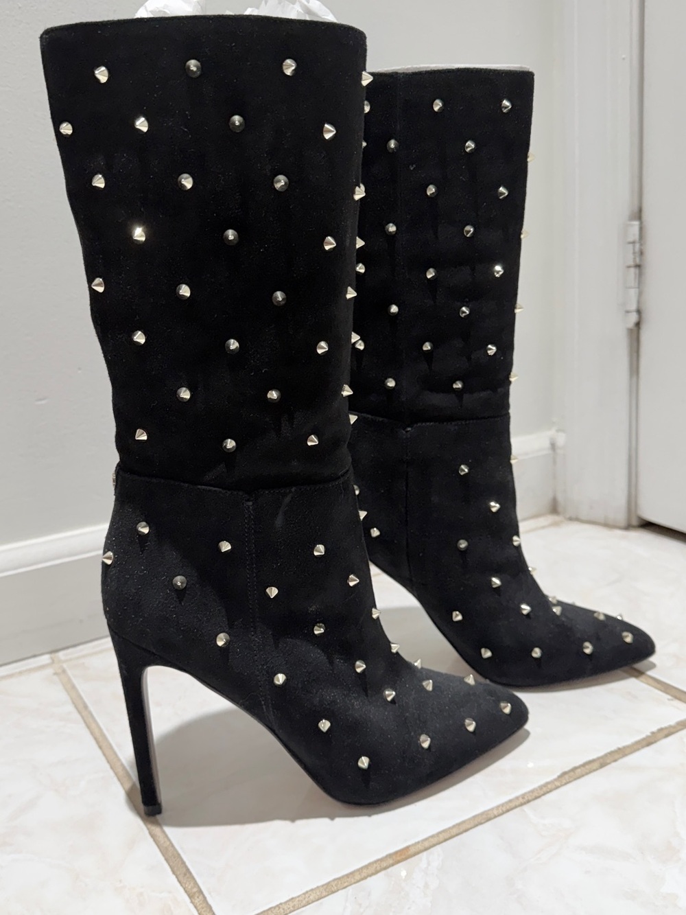 Sam Edelman Waylyn Black Studded Suede Stiletto Mid-Calf Boots